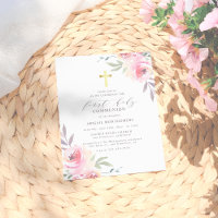Watercolor Floral Gold Cross First Holy Communion