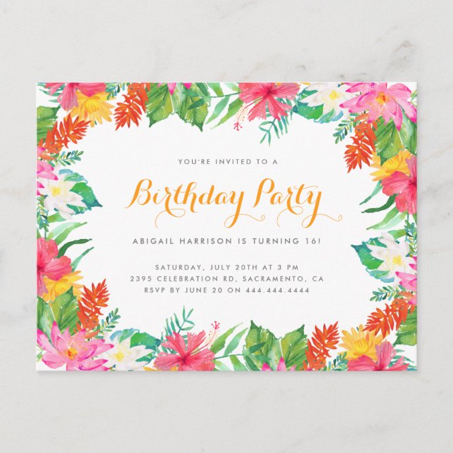 Invitation Carte Postale Watercolor Folio tropical Fête d'été (Devant)