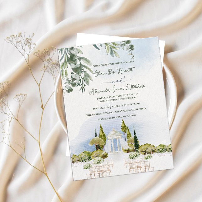 Invitation Carte Postale Watercolor Garden Pavilion Outdoor Wedding (Watercolor Garden Pavilion Wedding Invitation | Estate Outdoor Ceremony Botanical Invite)
