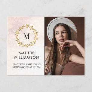 Invitation Carte Postale Watercolor Rose Gold Laurel Photo Grad Party