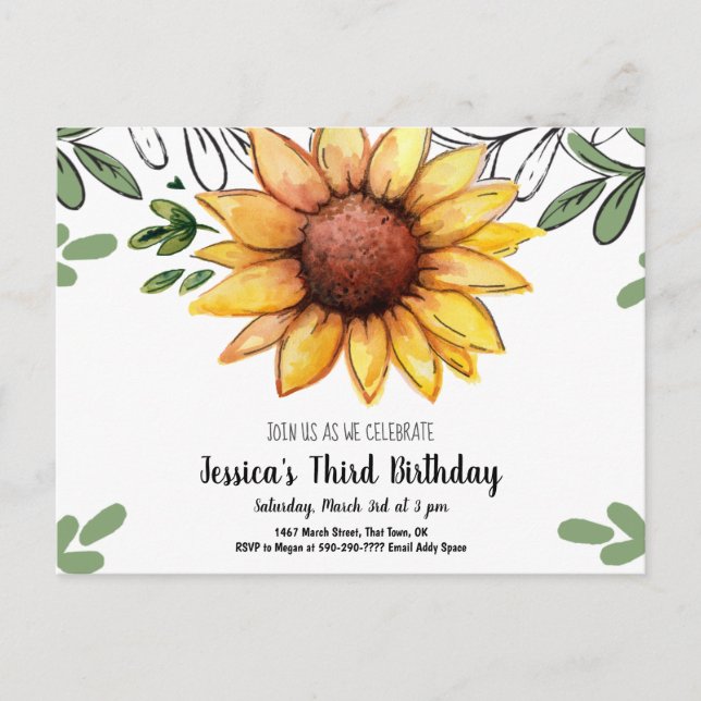 Invitation Carte Postale Watercolor Sunflower Enfant Anniversaire Fête Invi (Devant)