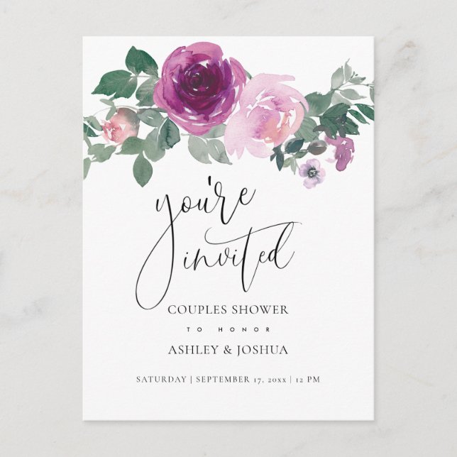 Invitation Carte Postale Wedding shower de Couples Floraux Blush Magenta (Devant)