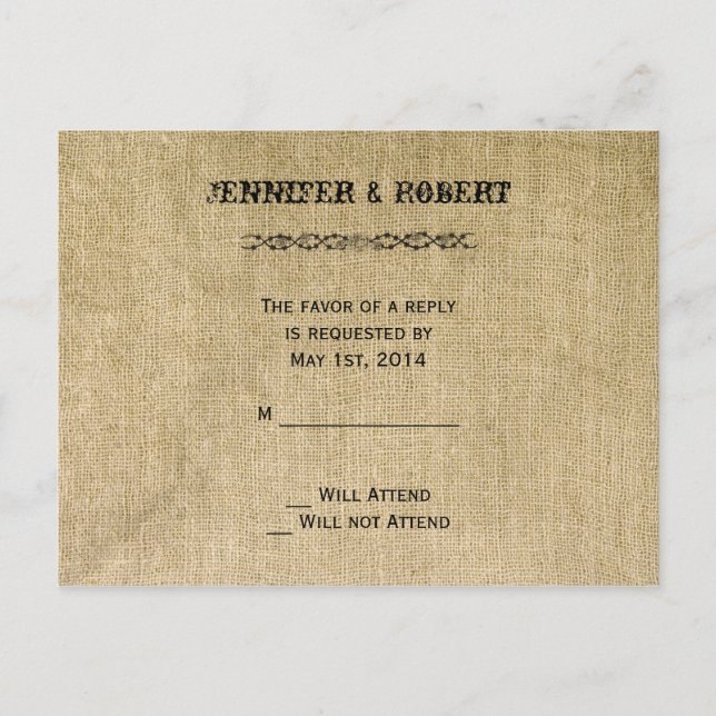 Invitation Carte Postale Western Burlap Wedding RSVP (Devant)
