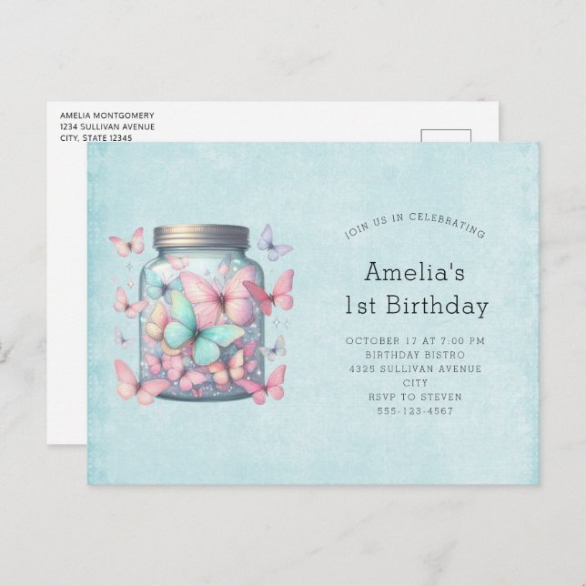 Invitation Carte Postale Whimsical Butterflies in a Jar Birthday (Devant / Derrière)