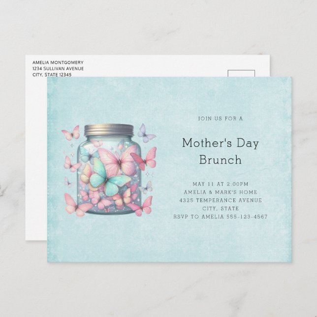 Invitation Carte Postale Whimsical Butterflies in a Jar Mother's Day Brunch (Devant / Derrière)