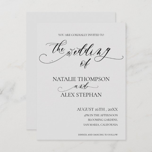 Invitation Carte Postale Whimsical Elegant noir et blanc Mariage Script (Devant / Derrière)