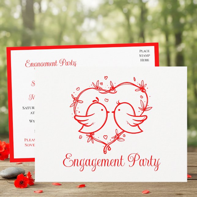 Invitation Carte Postale Whimsical Lovebirds Boho Red Heart Bridal Shower (Créateur téléchargé)