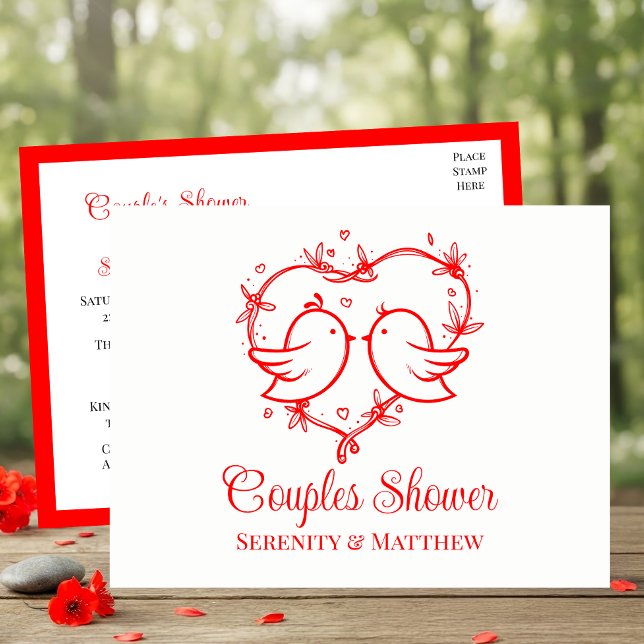 Invitation Carte Postale Whimsical Lovebirds Boho Red Heart Couples Shower (Créateur téléchargé)