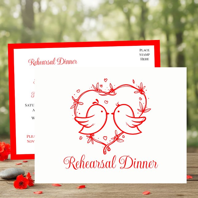 Invitation Carte Postale Whimsical Lovebirds Boho Red Love Heart Rehearsal  (Créateur téléchargé)