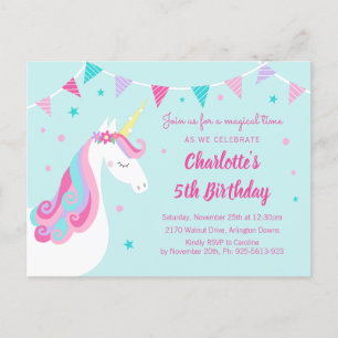 Invitation Carte Postale Whimsical Rainbow Unicorn Aqua 5e anniversaire