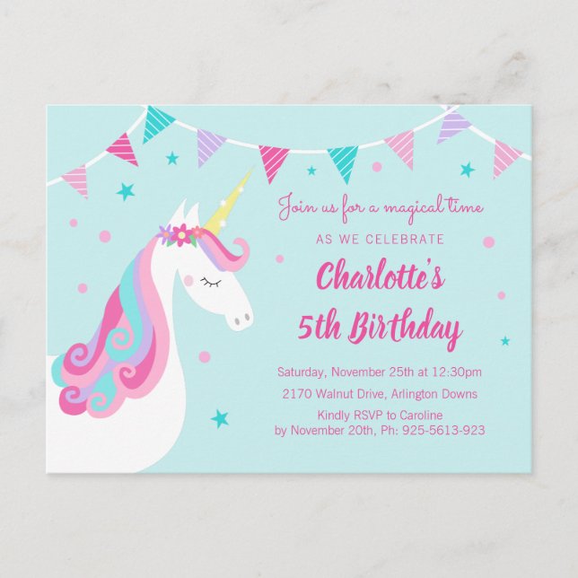 Invitation Carte Postale Whimsical Rainbow Unicorn Aqua 5e anniversaire (Devant)