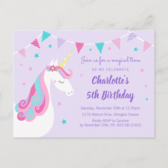 Invitation Carte Postale Whimsical Rainbow Unicorn Purple 5e anniversaire (Devant)