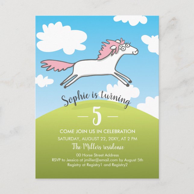 Invitation Carte Postale White Happy Horse main tiré fille 5e anniversaire (Devant)