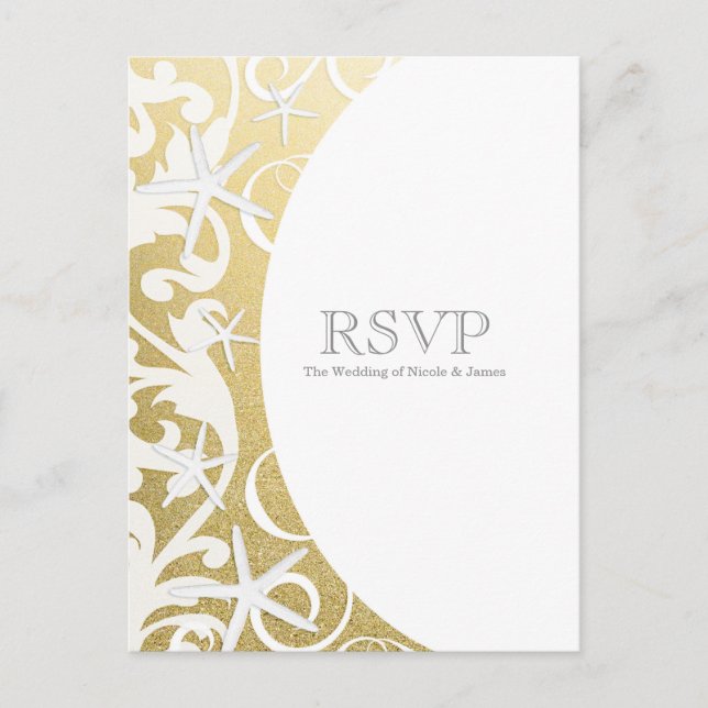 Invitation Carte Postale White Starfish Gold Beach Mariage élégant RSVP (Devant)