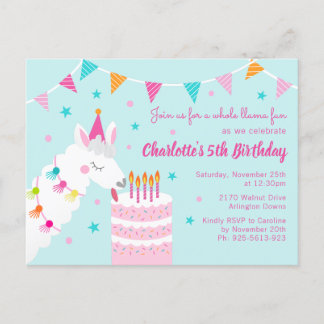 Invitation Carte Postale Whole Llama Fun Cake 5e Anniversaire Aqua