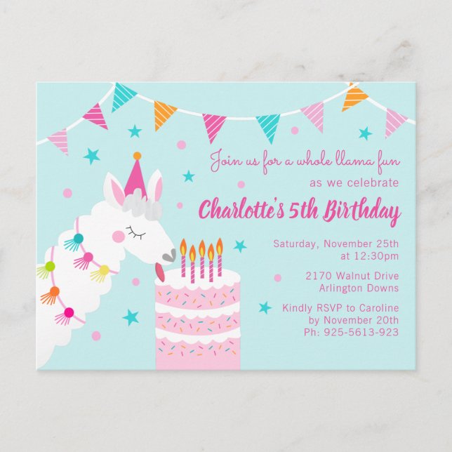 Invitation Carte Postale Whole Llama Fun Cake 5e Anniversaire Aqua (Devant)