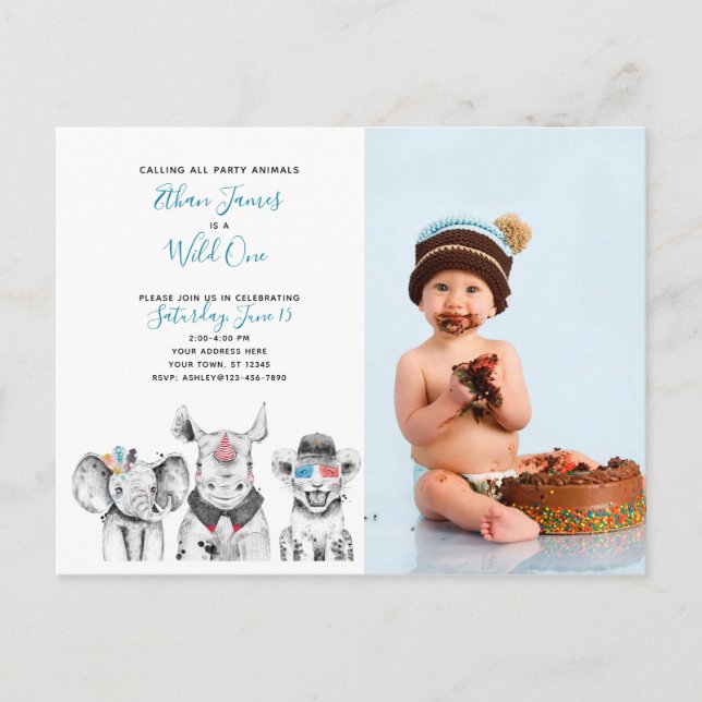 Invitation Carte Postale Wild One Animal Safari Baby Boy 1er Birthday Photo (Devant)