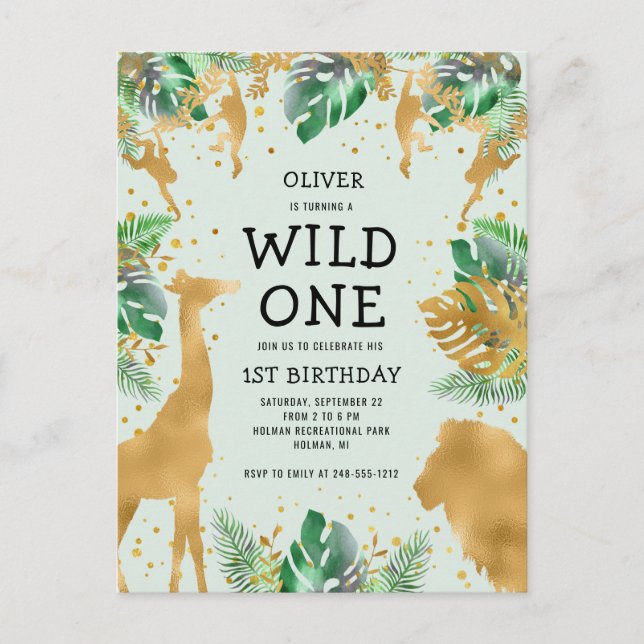 Invitation Carte Postale Wild One Jungle Safari 1er Anniversaire Vert (Devant)