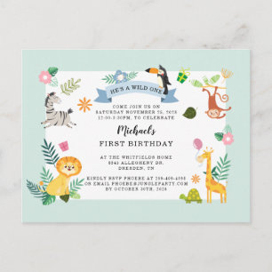 Invitation Carte Postale Wild One Jungle Safari animal 1er anniversaire