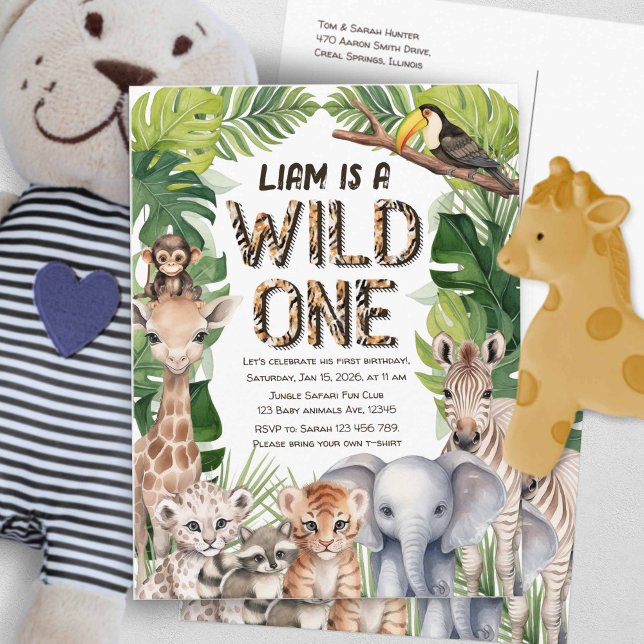 Invitation Carte Postale Wild one Jungle Safari thème garçon 1er anniversai (Hes a wild one, boy 1st birthday postcard invitation.)