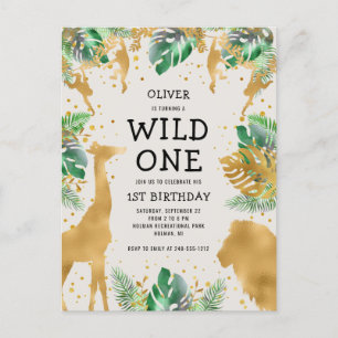 Invitation Carte Postale Wild One Safari 1er anniversaire Green Gold Ecru