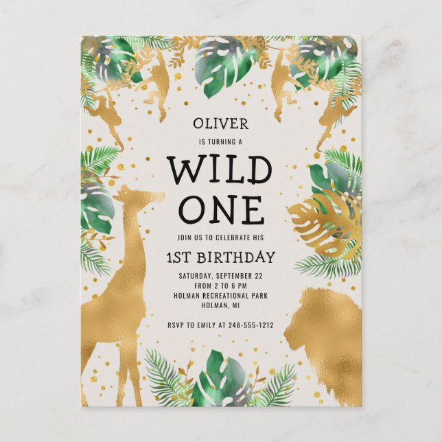 Invitation Carte Postale Wild One Safari 1er anniversaire Green Gold Ecru (Devant)