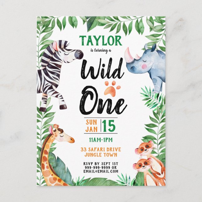 Invitation Carte Postale Wild One Safari Animal Enfants 1er anniversaire (Devant)