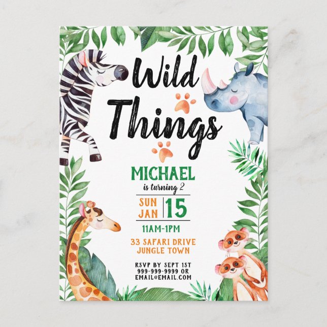 Invitation Carte Postale Wild Things Safari Animal Anniversaire de enfant I (Devant)