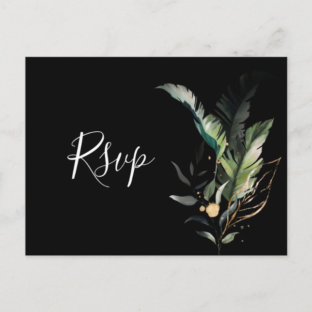 Invitation Carte Postale Wild Tropical Foliage Mariage Black RSVP Invitatia (Devant)