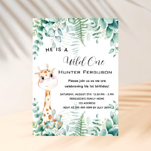 Invitation Carte Postale Wild un 1er anniversaire girafe jungle forêt