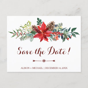 Invitation Carte Postale Winter Rustic Floral Mariage Bourgogne Date de sau