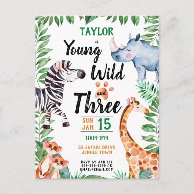Invitation Carte Postale Young Wild et Three Safari Animal 3ème anniversair (Devant)