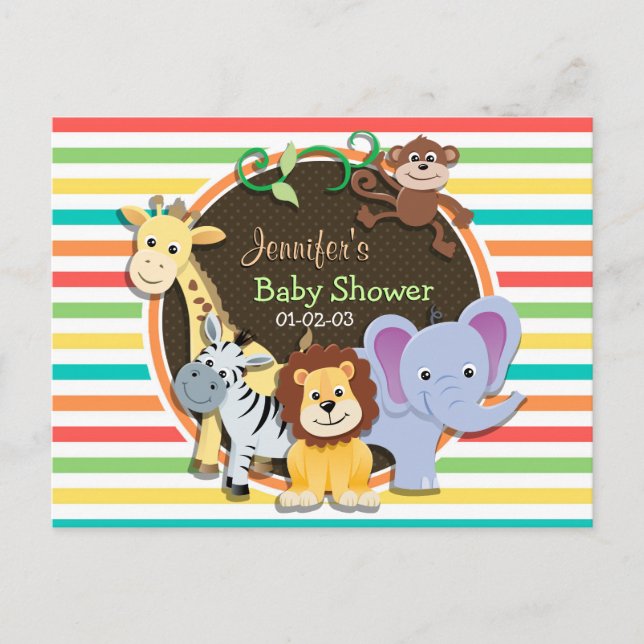 Invitation Carte Postale Zoo Animaux Baby shower, Bright Rainbow Stripes (Devant)
