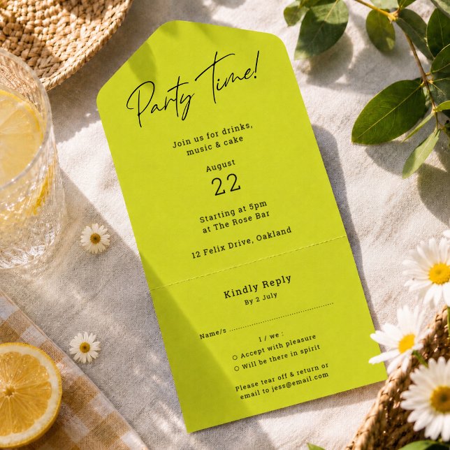 Invitation | Carte RSVP à détacher pour fête d'été (Lime green party invitation with tear off RSVP card for birthdays, BBQs, and picnics.)