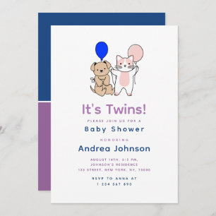 Invitation Cartographier Chien Chat Bleu rose Bleu Baby showe