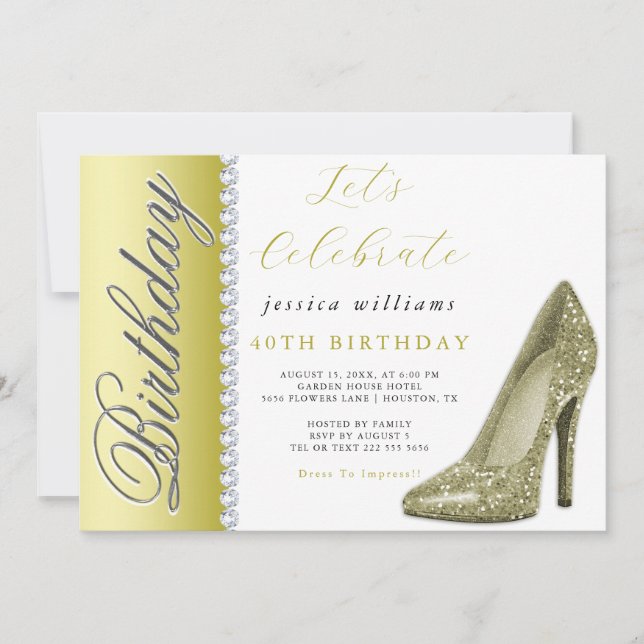 Invitation Carton à talons aiguilles et diamants dorés pour a (Devant)