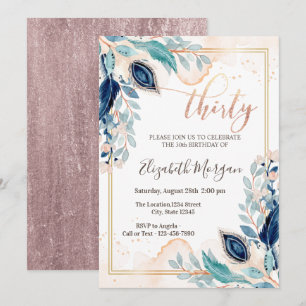 Invitation Carton aquarelle Paon Floral 30e Anniversaire