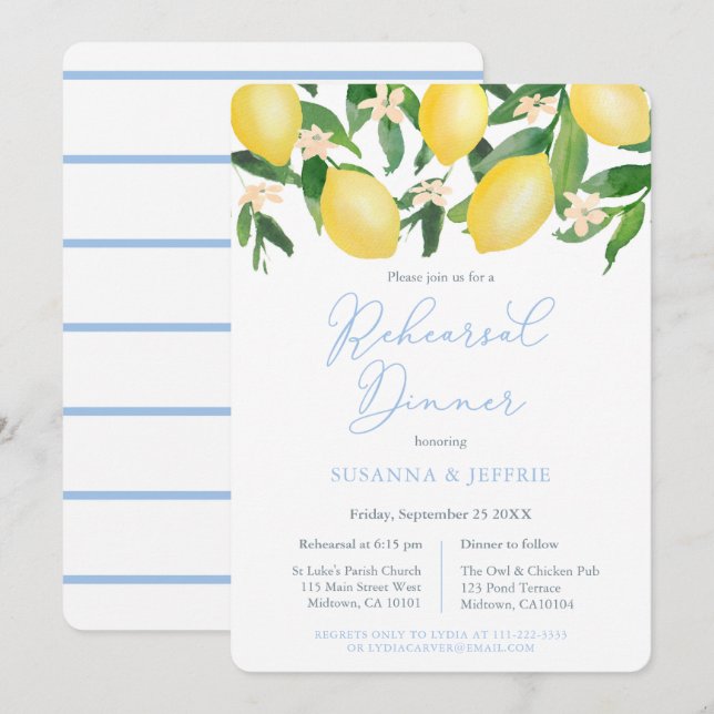 Invitation Carton Bleu Citron Répétition de Mariage Dîner (Devant / Derrière)