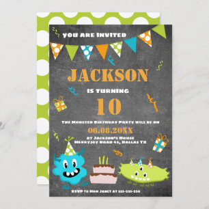 Invitation Carton bleu vert Monster Texte personnalisé Annive