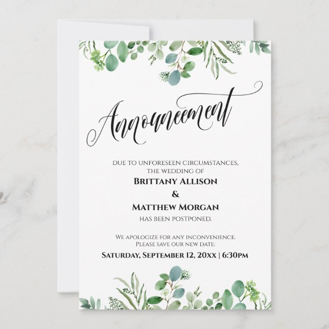 Invitation Carton d'annonce de mariage reporté Eucalyptus Élé (Devant)