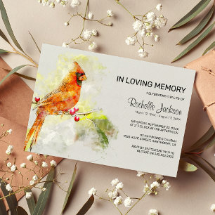Invitation Carton d'aquarelle Cardinal Rouge Oiseau Mémorial