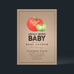 Invitation Carton d'aquarelle de Baby shower cultivé localeme<br><div class="desc">Le marché rustique des fermiers s'est inspiré du thème du baby shower neutre pour les femmes avec une tomate rouge et verte sur un arrière - plan inspiré par les cartons avec du texte noir.</div>