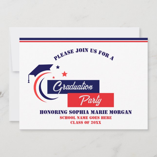Invitation Carton de fin d'études Bleu Rouge Blanc (Devant)