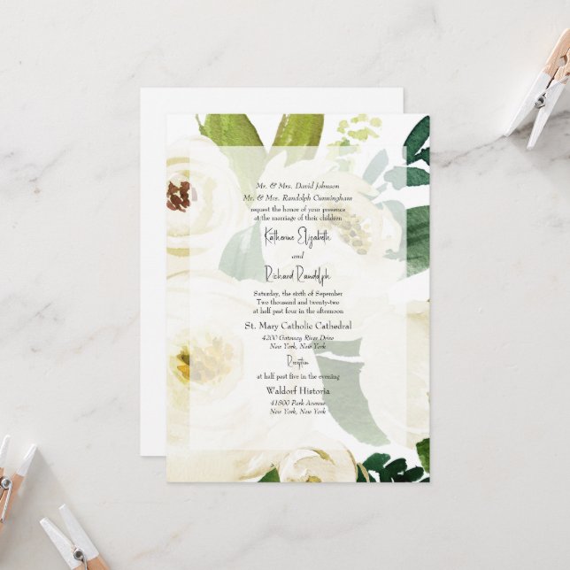 Invitation Carton de Mariage à l'Aquarelle Rose Blanche Éléga (Devant/Arrière en situation)