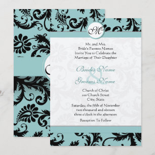 Invitation Carton de mariage bleu piscine aqua damas noir