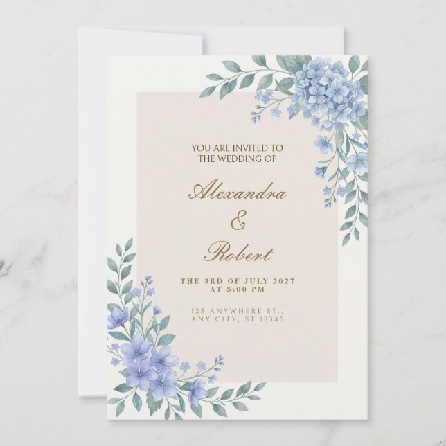 Invitation Carton de mariage botanique à l'hydrangea bleu pou (Devant)