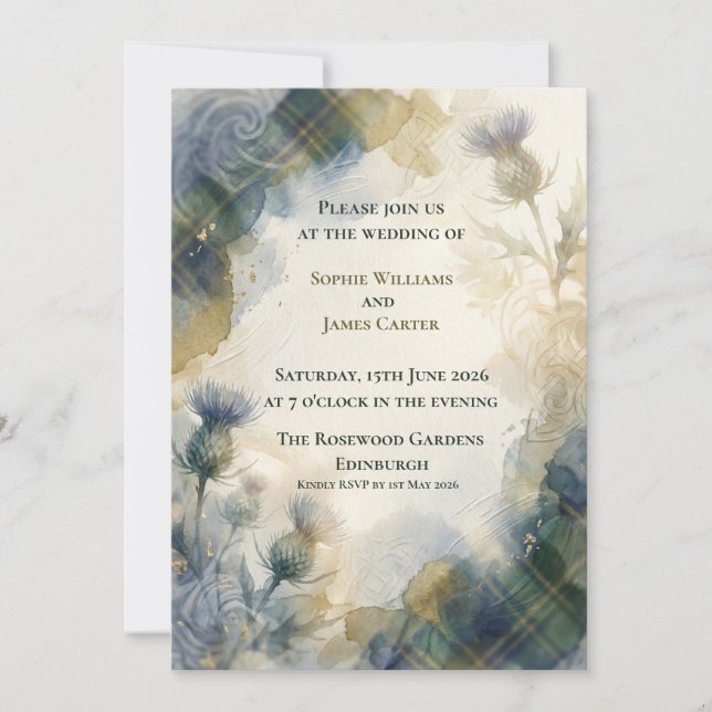 Invitation Carton de Mariage Botanique Chardon Indigo Bleu (Devant)
