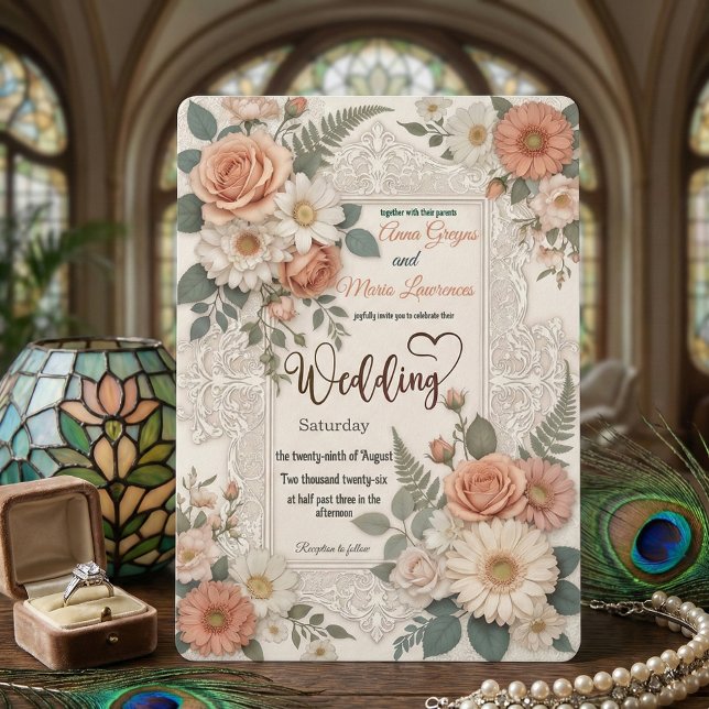 Invitation Carton de Mariage Élégant Floral Faux Embossé (Créateur téléchargé)