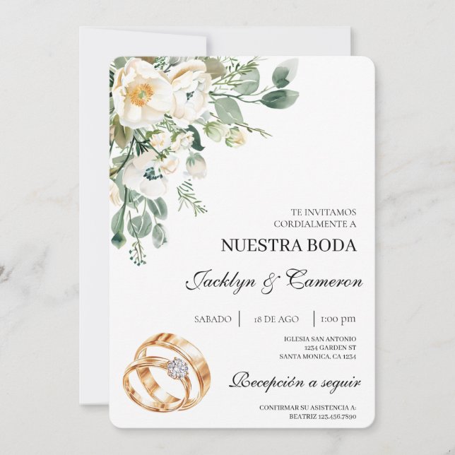 Invitation Carton de mariage espagnol avec fleurs blanches et (Devant)