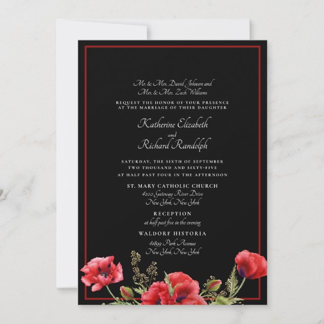 Invitation Carton de Mariage Formel Fleurs Rouge & Noir II (Devant)